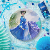 Lady in Blue Dress - Waterverf Schilderij Papieren Bordje (Feest)
