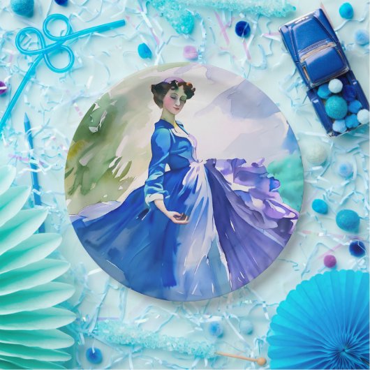 Lady in Blue Dress - Waterverf Schilderij Papieren Bordje (Feest)