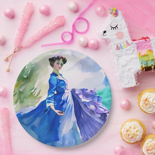 Lady in Blue Dress - Waterverf Schilderij Papieren Bordje (Feest)