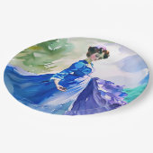 Lady in Blue Dress - Waterverf Schilderij Papieren Bordje (Gekanteld)