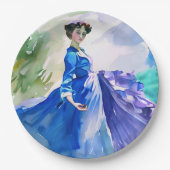 Lady in Blue Dress - Waterverf Schilderij Papieren Bordje (Voorkant)