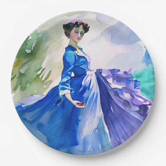 Lady in Blue Dress - Waterverf Schilderij Papieren Bordje (Voorkant)