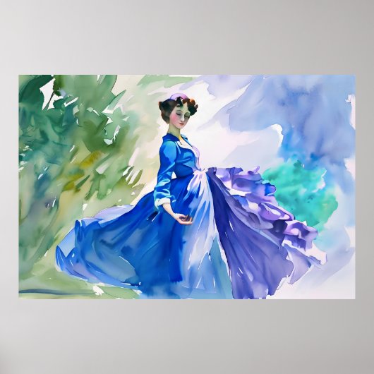 Lady in Blue Dress - Waterverf Schilderij Poster (Voorkant)
