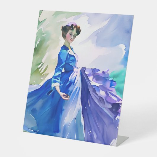 Lady in Blue Dress - Waterverf Schilderij Reclamebord Met Voetstuk (Voorkant)