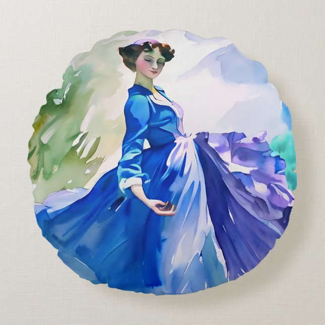 Lady in Blue Dress - Waterverf Schilderij Rond Kussen (Voorkant)