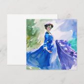 Lady in Blue Dress - Waterverf Schilderij Save The Date (Voorkant / Achterkant)