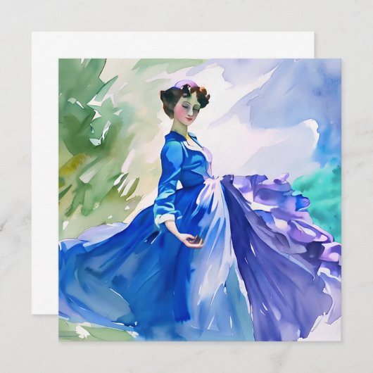 Lady in Blue Dress - Waterverf Schilderij Save The Date (Voorkant / Achterkant)