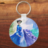 Lady in Blue Dress - Waterverf Schilderij Sleutelhanger (Achterkant)