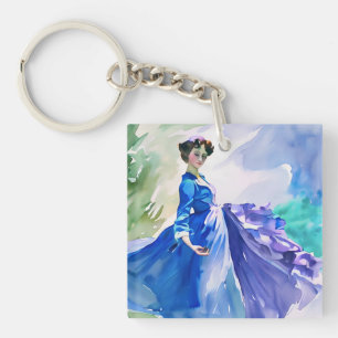 Lady in Blue Dress - Waterverf Schilderij Sleutelhanger