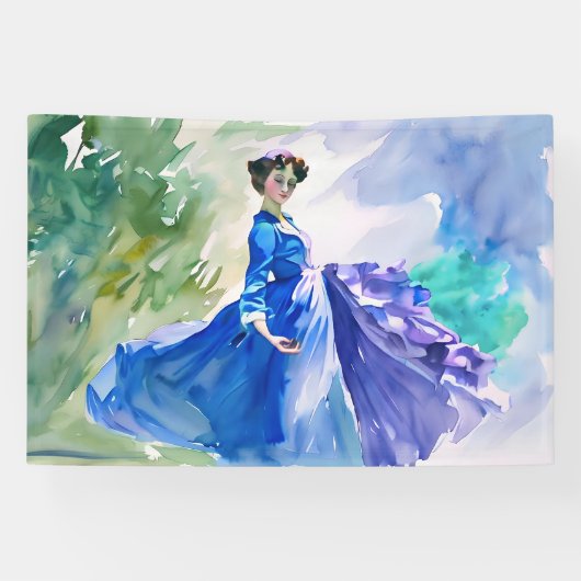 Lady in Blue Dress - Waterverf Schilderij Spandoek (Horizontaal)