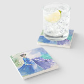 Lady in Blue Dress - Waterverf Schilderij Stenen Onderzetter (Zijkant)