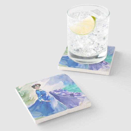 Lady in Blue Dress - Waterverf Schilderij Stenen Onderzetter (Zijkant)