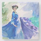 Lady in Blue Dress - Waterverf Schilderij Stenen Onderzetter (Voorkant)
