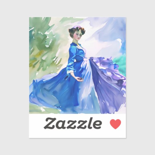 Lady in Blue Dress - Waterverf Schilderij Sticker (Vel)