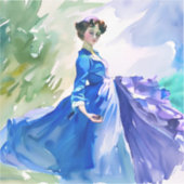 Lady in Blue Dress - Waterverf Schilderij Sticker (Voorkant)