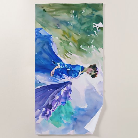 Lady in Blue Dress - Waterverf Schilderij Strandlaken (Voorkant)