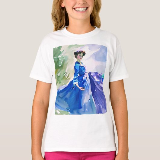 Lady in Blue Dress - Waterverf Schilderij T-shirt (Voorkant)