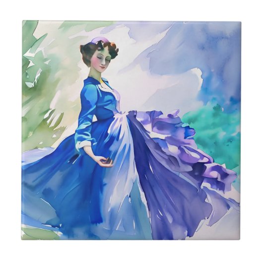 Lady in Blue Dress - Waterverf Schilderij Tegeltje (Voorkant)
