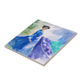 Lady in Blue Dress - Waterverf Schilderij Tegeltje (Zijkant)