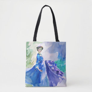 Lady in Blue Dress - Waterverf Schilderij Tote Bag