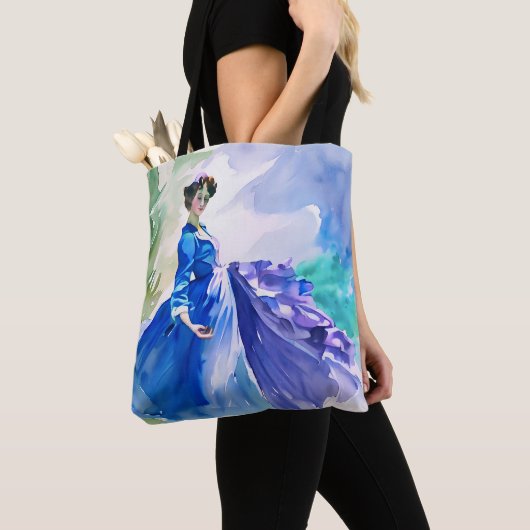 Lady in Blue Dress - Waterverf Schilderij Tote Bag (Dichtbij)