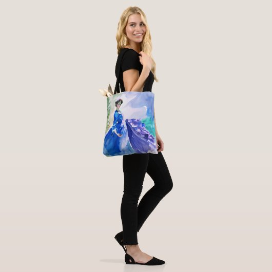 Lady in Blue Dress - Waterverf Schilderij Tote Bag (Op model)