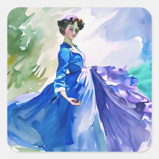 Lady in Blue Dress - Waterverf Schilderij Vierkante Sticker (Voorkant)