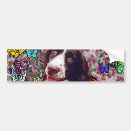 Lady in Butterflies - Bretagne Spaniel Dog Bumpersticker (Voorkant)