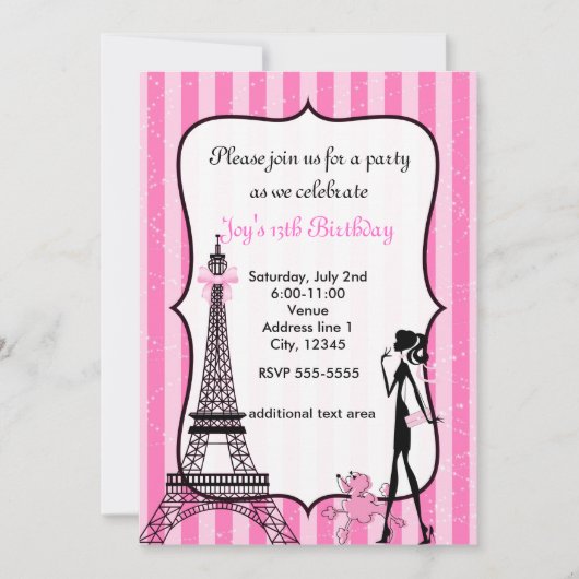 Lady in Paris Eiffeltoren roze poedel uitnodiging (Voorkant)