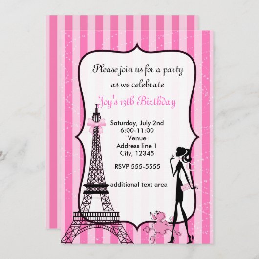Lady in Paris Eiffeltoren roze poedel uitnodiging (Voorkant / Achterkant)
