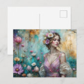 Lady in Pink, textured floral landscape teal gold Briefkaart (Voorkant / Achterkant)
