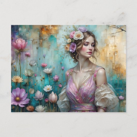 Lady in Pink, textured floral landscape teal gold Briefkaart (Voorkant)