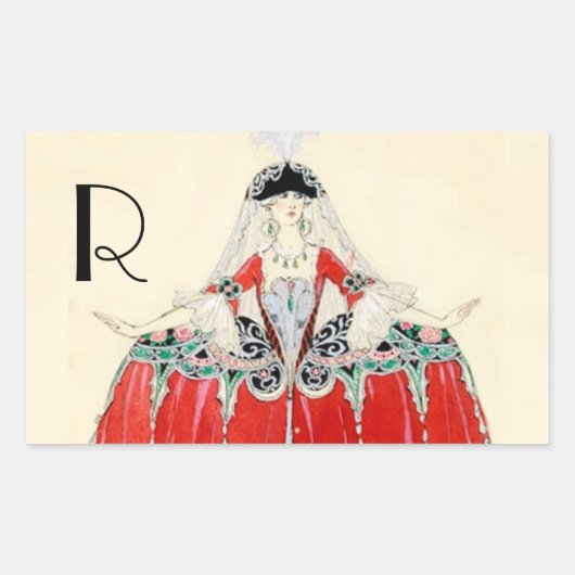 LADY IN RED, BEAUTY, MODE COSTUME DESIGN MONOGRAM RECHTHOEKIGE STICKER (Voorkant)