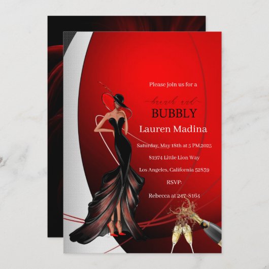 Lady in Red brunch en bubbly Invitation Kaart (Voorkant / Achterkant)