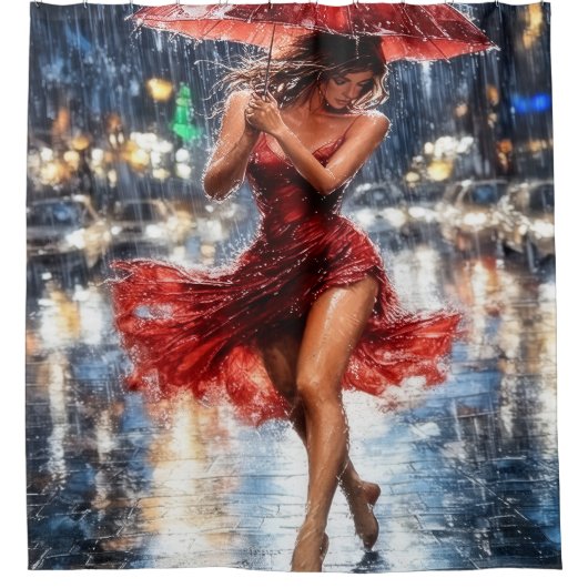 Lady in Red on a Rainy Night Douchegordijn (Voorkant)