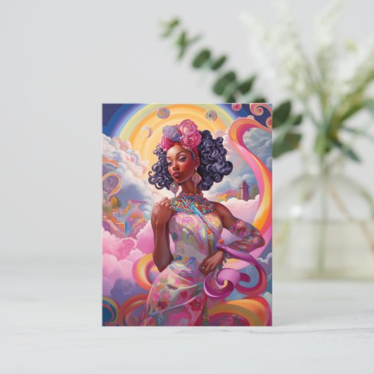 Lady in Surreal World Afro-Amerikaanse Art Roze Briefkaart (Staand voorkant)