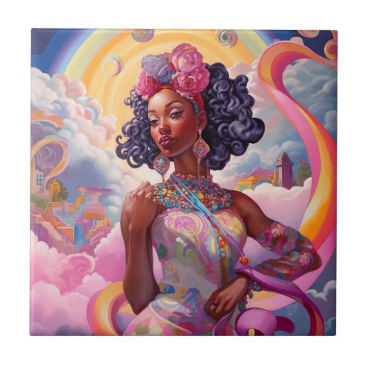 Lady in Surreal World Afro-Amerikaanse Art Roze Tegeltje (Voorkant)
