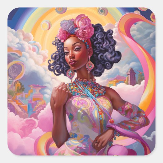 Lady in Surreal World Afro-Amerikaanse Art Roze Vierkante Sticker (Voorkant)