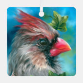 Lady kardinaal vogel met Ivy bladeren Metalen Ornament (Voorkant)