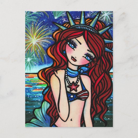 Lady Liberty 4 juli Mermaid Art Briefkaart (Voorkant)