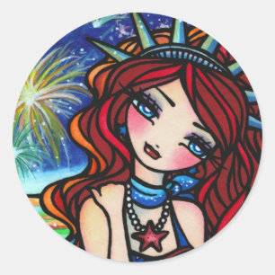Lady Liberty Mermaid, 4 juli Art Hannah Lynn Ronde Sticker