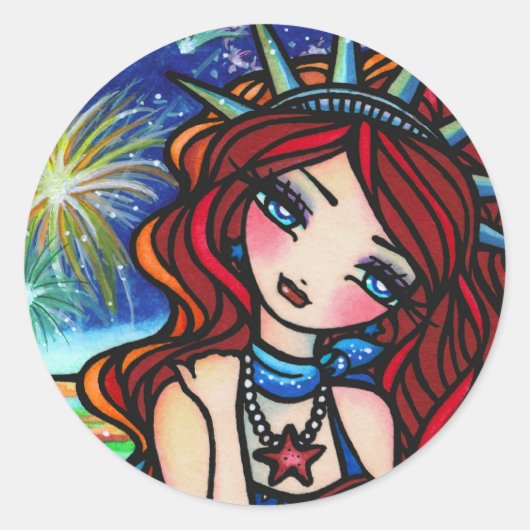 Lady Liberty Zeemeermin 4 juli Art Hannah Lynn Ronde Sticker (Voorkant)