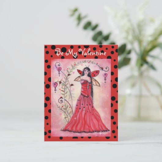 Lady love bug valentine fairy postcard by Renee Feestdagenkaart (Staand voorkant)