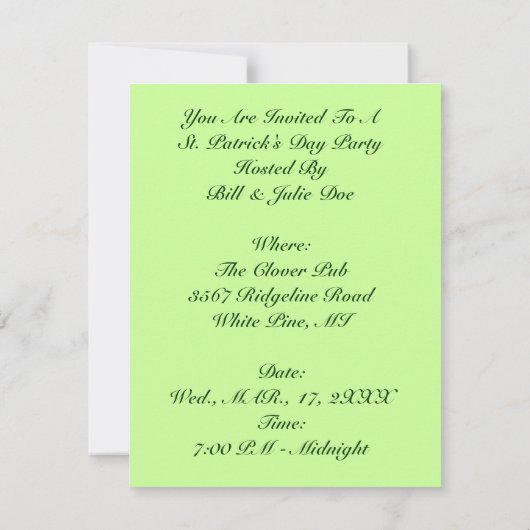 LADY LUCK IN CLOVER ST. PATRICK'S DAG PARTIJ INVIT KAART (Achterkant)