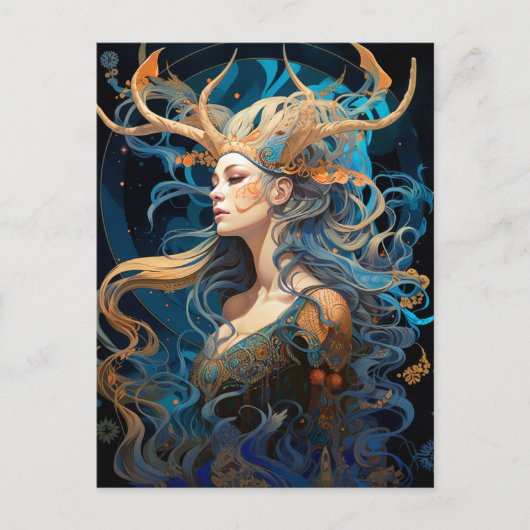 Lady Met Antlers Boho Fantasy Art Briefkaart (Voorkant)