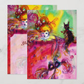 LADY MET BLACK CAT/Mardi Gras Masquerade Party Kaart (Voorkant / Achterkant)