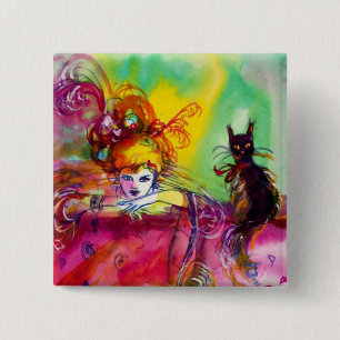 LADY MET BLACK CAT/Mardi Gras Masquerade Party Vierkante Button 5,1 Cm