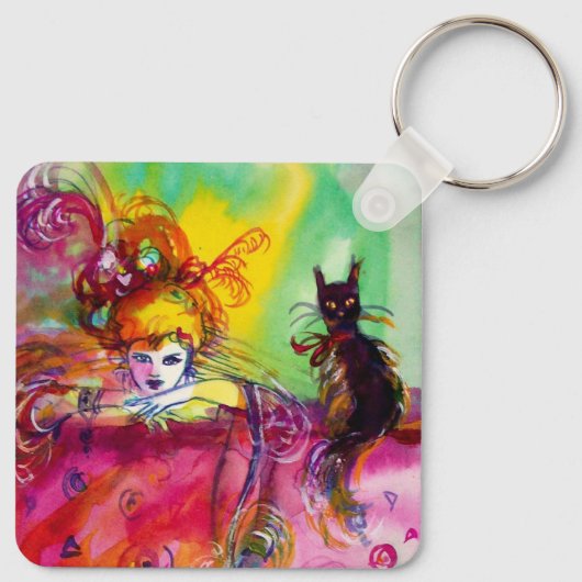 LADY MET BLACK CAT Mardi Gras Masquerade Sleutelhanger (Achterkant)