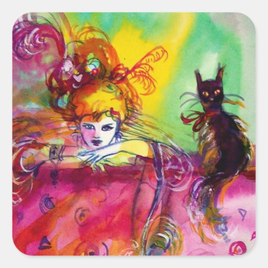 LADY MET BLACK CAT / Venetiaanse Masquerade Vierkante Sticker (Voorkant)