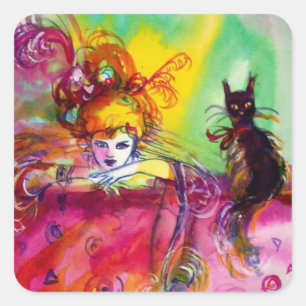 LADY MET BLACK CAT / Venetiaanse Masquerade Vierkante Sticker